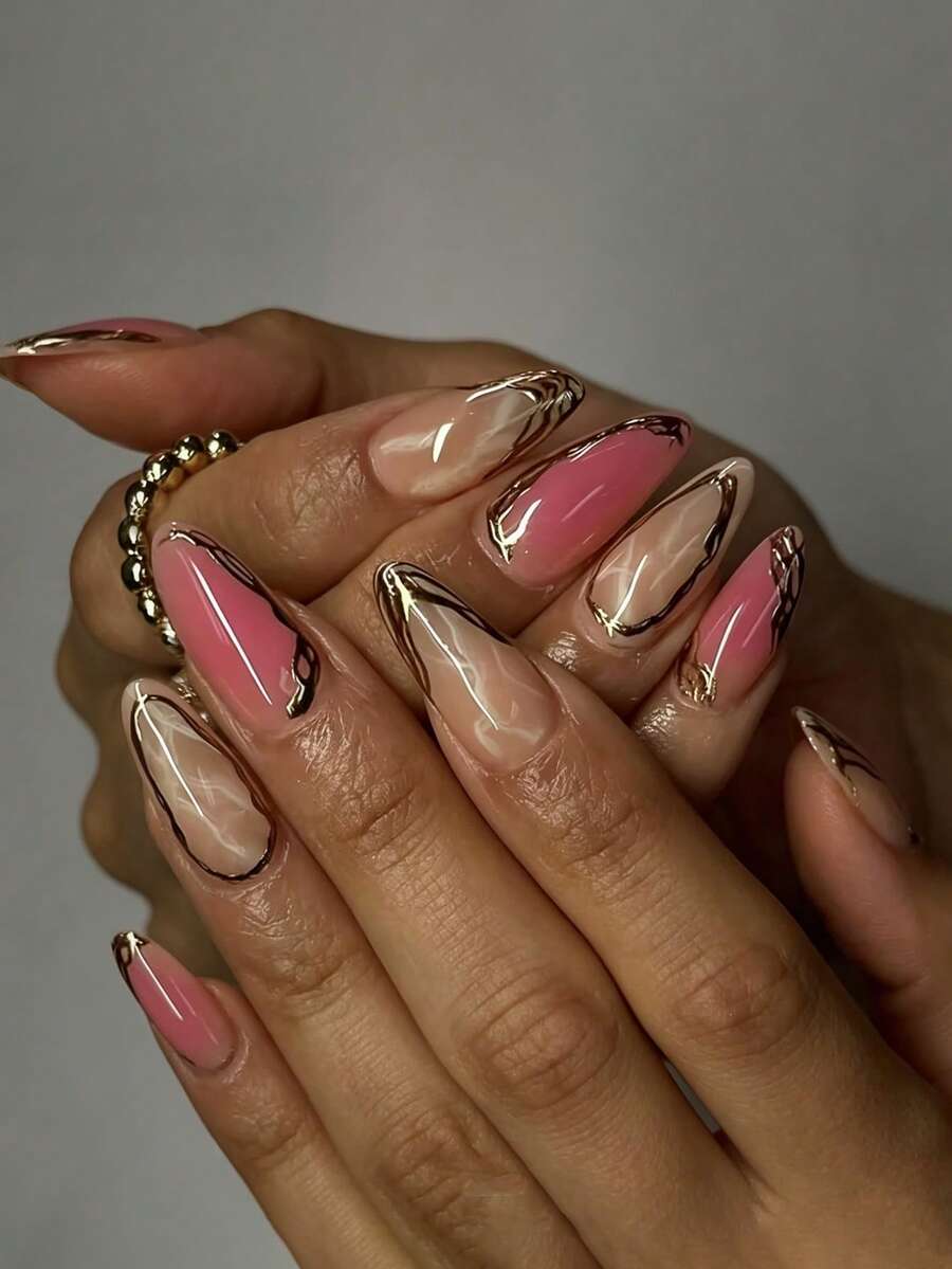 VV MEI JIA ER 30 pièces (S/M/SX) Ongles à presser avec décoration marbrée dégradée, design de vague d'eau avec lignes dorées faites à la main en 3D, faux ongles style Y2K frais et brillants à couverture complète, convient pour le port quotidien, ensemble d'ongles, autocollants d'ongles acryliques en forme d'amande pour femmes & filles - Multicolore - Voir 1