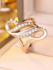 Vanel 1piece Chic Golden Intertwined Wave Swirl Ring, Full Line Paved Round CZ Band Daily Wear - Golden Yellow-white - View 2