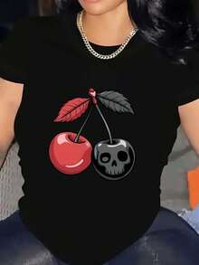 Women's Gothic Cherry Skull Print T-Shirt, Modern Casual Style, Ideal For Everyday Wear And Informal Events, Available In Sizes S, M, L, XL, Black, Alternative Fashion, Design - 黑色 - 查看 1