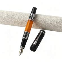 Vintage Carved Silver Pattern Fountain Pen, Fine Nib, Refillable Ink Pen, Single PU Leather Pen Pouch, Elegant Business Stationery Gift - 808 - View 9