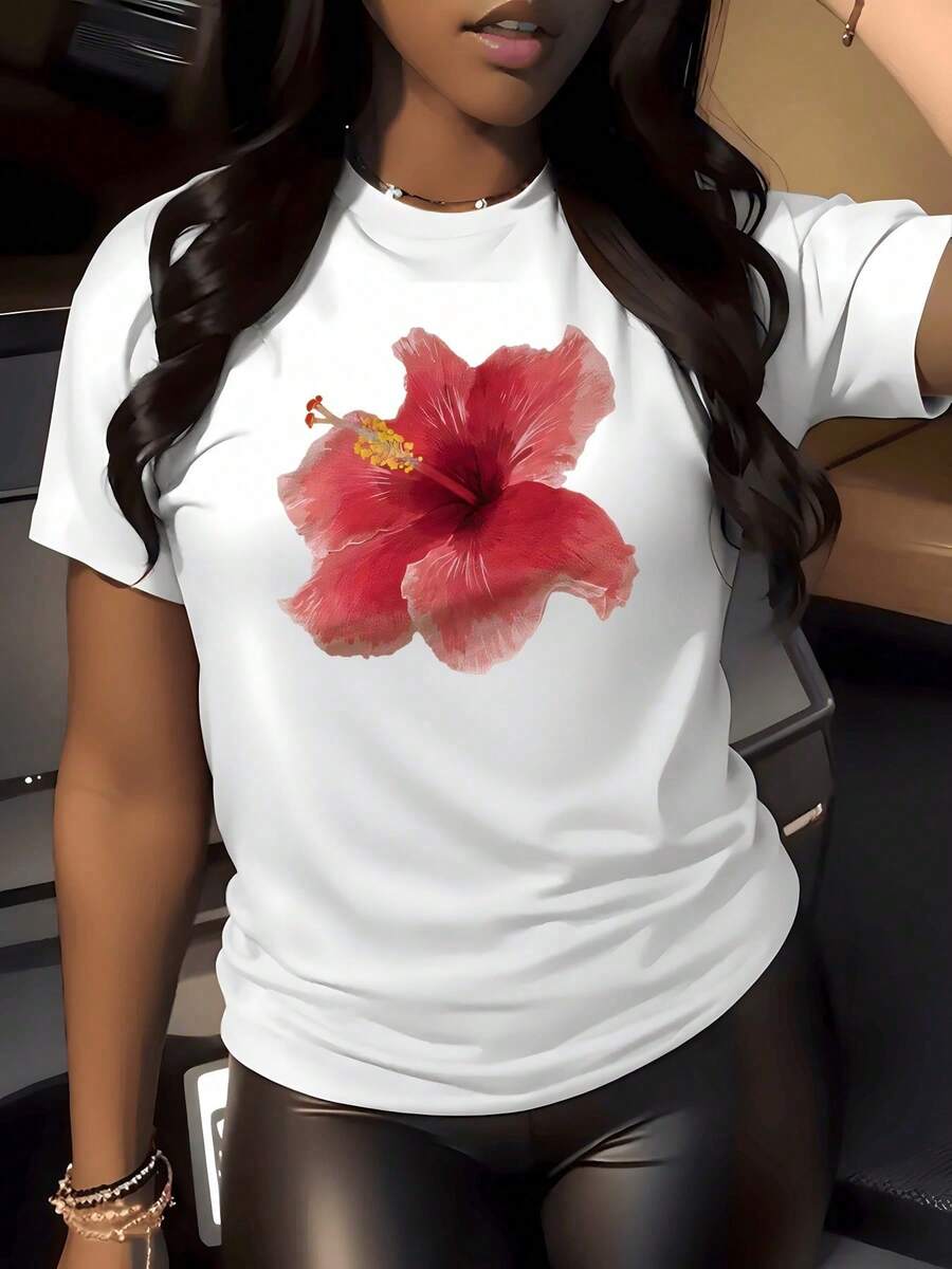 1 pieza de camiseta con estampado gráfico de flor de hibisco rojo, 180g, para verano, vacaciones, estilo tropical, cuello redondo, 100% algodón, para mujer. - Blanco - Ver 1