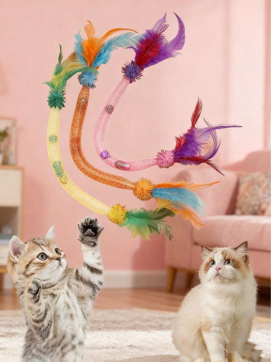 Flexible Elastic Mesh Cat Toy With Colorful Feather Ball And Built-In Bell Beads, Stimulates Cat Instincts And Provides Entertainment, Holiday Gift Indoor Cat Pet Supplies - View 1