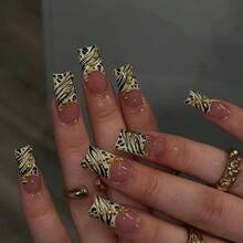 24片可穿戴美甲貼，千禧時尚斑馬紋配金色鋼珠，奢華美甲設計，適合約會、派對與裝飾用假指甲，送給摯友的絕佳夏季禮物 - 彩色 - 查看 8