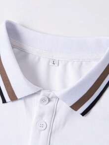 Camisa polo de manga corta con ribete a rayas para hombre, casual para ir al trabajo, verano, adecuada para golf - Blanco - Ver 4