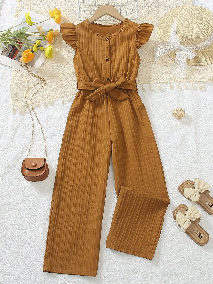 Tween Girls Jumpsuit 2025 Summer Fashion New Style Minimalist Casual Solid Color Flutter Sleeve Long Pants With Belt - Brown - View 1