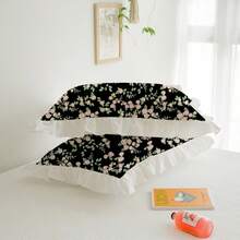 2pcs/Set Ruffle Trim Printed Pillowcase Pair, Comfortable Breathable Skin-Friendly Soft Machine Washable, Ruffle Trim Princess Style Pillowcase (Pillow Insert Not Included), Minimalist Elegant, Suitable For Student Dorm, Bedroom, Hotel Bedding, All Seasons - Black - View 2