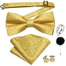 5Pcs Yellow Paisley Jacquard Men Accessory Set, Bow Tie Pocket Square Cufflinks Ring Boutonniere, Random Cufflink Patterns, For Groom Wedding - Yellow - View 2