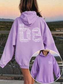 Positive Affirmation Word Print Girls Hoodie, Casual Loose Pullover Sweatshirt - Purple - View 2