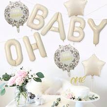 Banner de Balões Metalizados OH BABY Branco Creme, Decoração Neutra para Chá de Bebé, Balões Mylar Redondos e em Forma de Estrela com Flores, Decoração de Fundo para Festa de Revelação de Género e Gravidez - Multicolorido - Ver 5