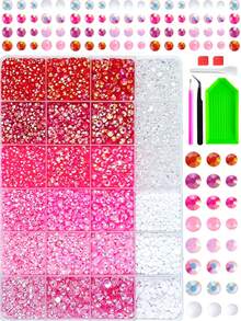 1Box Red Pink Clear Flatback Rhinestones Kit, Mixed Multi-Size 3/4/5mm AB Iridescent Round Crystal Rhinestones With Tweezers, Dotting Pen & Tray Tools, Bedazzling Gem Set For Nail Art, Tumblers, Clothing, Shoes & DIY Handmade Crafts Nail Charms - Multicolor - View 1