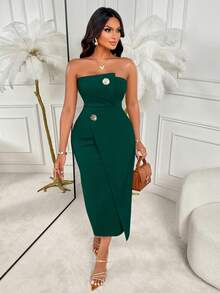 AIJ Amarilo Fashion Commuter Asymmetric Bandeau Dress, Metal Buckle Decor, Slim Fit Midi Length - Green - View 5