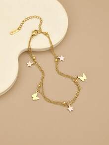 1pc Fashionable Minimalist Butterfly & Star Double Layer Stainless Steel Women's Beach Anklet, Anklet, Stainless Steel Jewelry, Gold Jewelry, Summer, Beach, Vacation Jewelry, Charm, Pride, Western Jewelry, Gift For Women, Gift, Birthday Gift - Multicolor - View 6