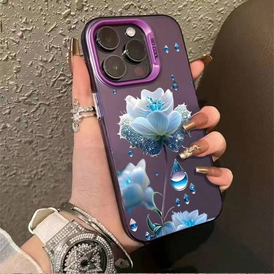 Blue Flower Case Suitable For Apple 15 Plus, 16 Pro, Water Drop 14 Pro, Floral 13, Premium 17 New - 彩銀殼-紫色-藍色花 - 查看 1