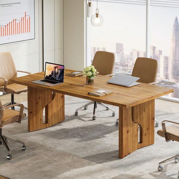 LITTLE TREE 63" Solid Wood Conference Table, Rectangle Meeting Table With Cutout Bases For Meeting Room, Conference Room, Office Room