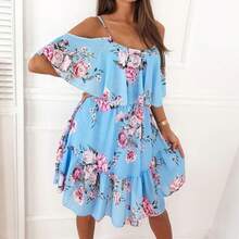 New Sexy Printed Chiffon Off-The-Shoulder Fashion Dress For Spring. - Burgundy - View 2