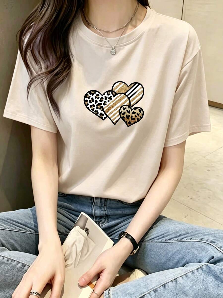 2026 Maija2026 MaijaWomen's T-Shirt With Leopard, Stripes And Hearts Print, Soft And Breathable Fabric, Loose Fit, Ideal For All Body Types, For Summer, Daily Use, Sport - 杏色 - 查看 1
