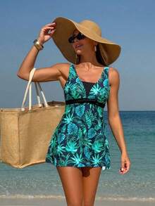 Conjunto de falda y shorts de baño de verano para mujer con estampado tropical de plantas para vacaciones en la playa - Azul - Ver 6