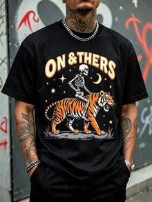 Men's Loose Fit T-Shirt, Full Skeleton Print Riding A Roaring Tiger With Night Sky, Half Moon And Stars, Vintage Bow Text, Western Retro Gothic Streetwear Style. - Hitam - View 6