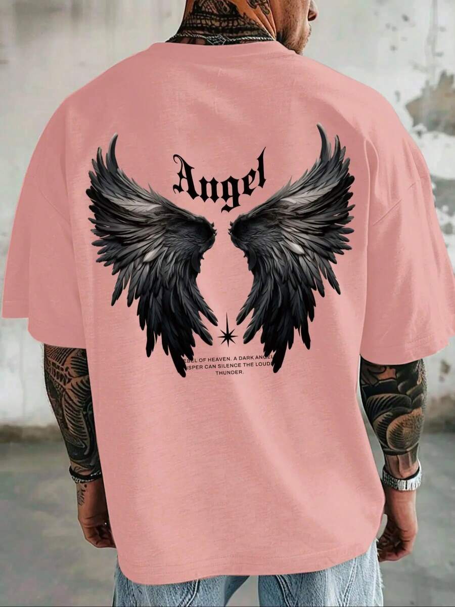 Una camiseta de hombre con un diseño de estilo callejero casual.Hecho de poliéster, presenta un corte holgado, cuello redondo y mangas cortas, adecuado para el uso en verano. - Rosa - Ver 1