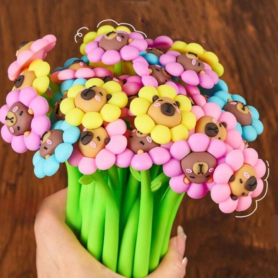9 أقلام هزازة بتصميم عشوائي عباد الشمس والكابيبارا، هدية العودة إلى المدرسة، ألوان وأنماط عشوائية، أقلام هزازة للكتابة للطلاب، أول يوم في المدرسة - متعدد الألوان - مشاهدة 1