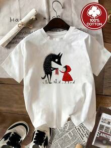 Camiseta Amplia Estampado Lobo Tierno Cuello Redondo Básica Estilo Japonés Kawaii Urbano Moda Streetwear Uso Diario Verano Y2K - Blanco - Ver 1