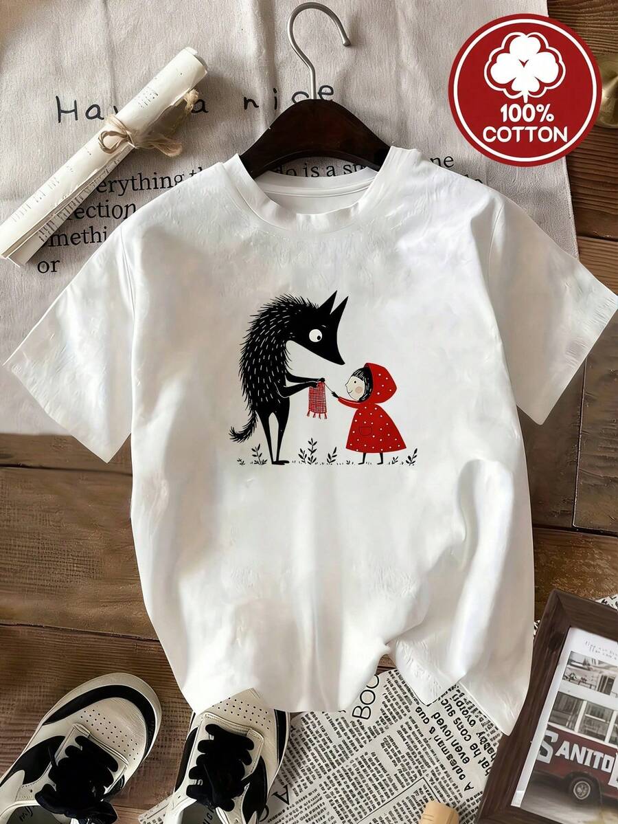 Camiseta Amplia Estampado Lobo Tierno Cuello Redondo Básica Estilo Japonés Kawaii Urbano Moda Streetwear Uso Diario Verano Y2K - Blanco - Ver 1