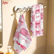 1 Set 4pcs Bow Checkerboard Checkerboard Print Dry Hair Cap Bathrobe Towel Set, Watercolor Hand-Painted Style Pattern, Bathrobe Towel, Dry Hair Towel, Wearable Bath Towel, Women's Bathrobe, Sauna Dress, Bathrobe, Shower Dry Hair Cap, Adult Home Bathrobe Dry Hair Cap Set, Machine Washable, Bathroom Accessories, Bathroom Essentials, Casual Decor, Travel Decor, Gift, Ideal Holiday Gift - Baby Pink - View 5