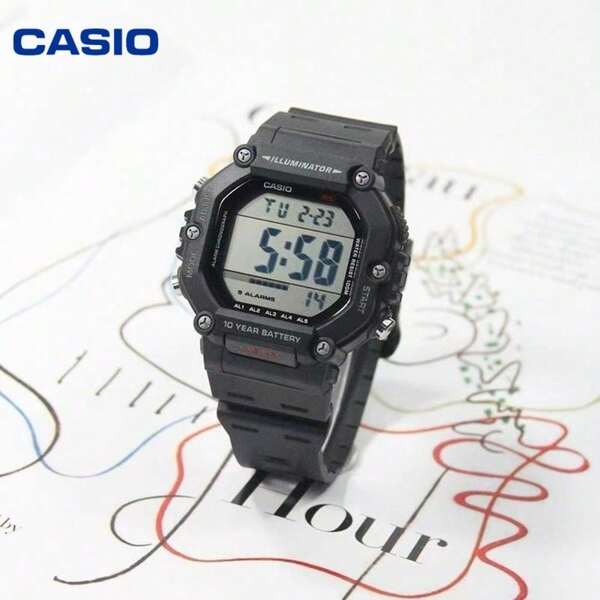Casio AE-1600H 系列黑色運動數位手錶，防水多功能腕錶，適合學生