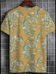Camiseta Premium de Cuello Redondo para Hombre con Estampado Floral y Paisley de Inspiración Vintage - Base Amarillo Suave, Motivos Curvilineos Elegantes, Ropa Casual para Todas las Temporad - Negro - Ver 2