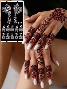 3er/Set Hana handgezeichnete Cut Out Tattoo-Schablonen, Blumenmuster Nagelkunst Tattoo - sexy Blumenmuster, geeignet für Hände, DIY Malen, Tinte, wiederverwendbare Mehndi Design Vorlagen Aufkleber - Schwarz - Übersicht 2