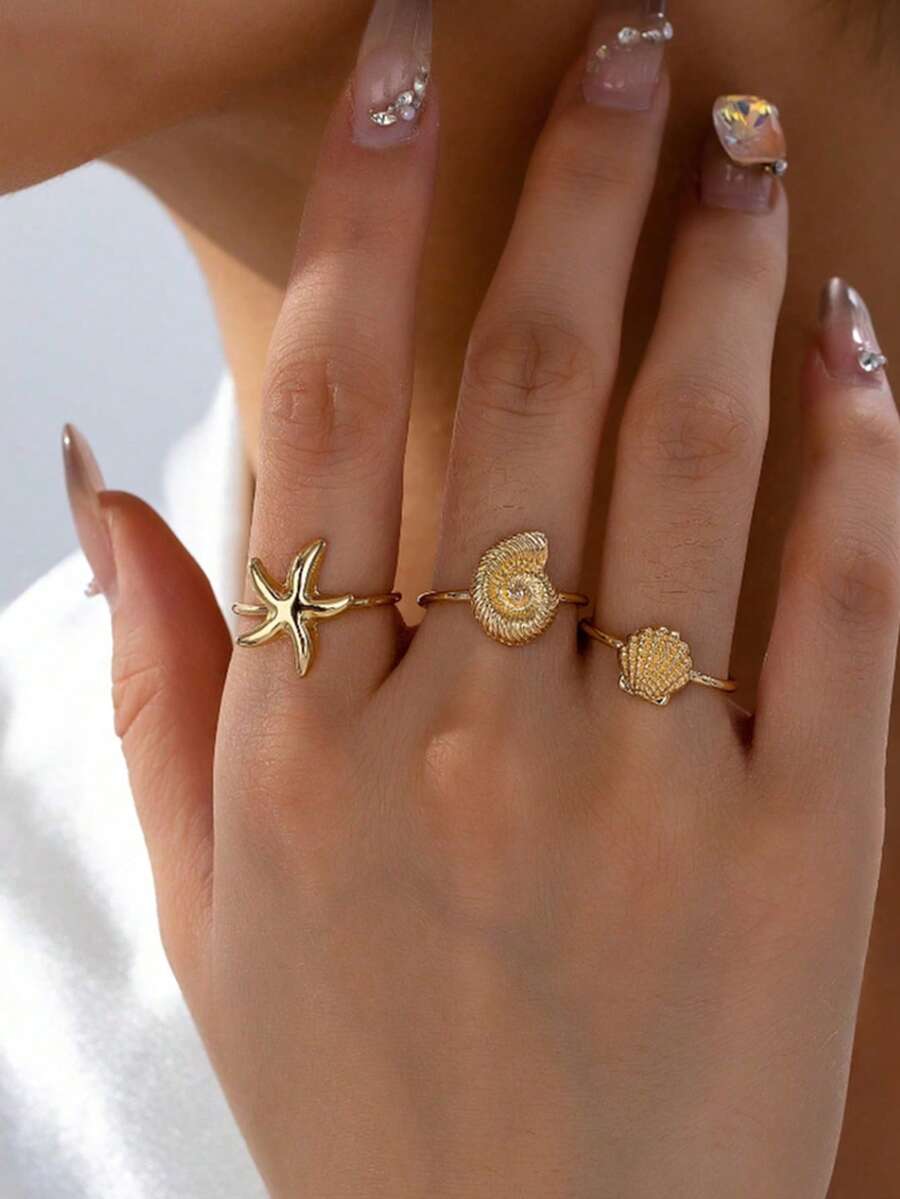 3pcs/Set Summer Beach Starfish Ring Set, Shell And Scallop Rings, Women's Vacation Beach Travel Jewelry Accessories Gift - Style 1 - View 1