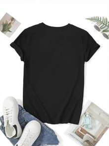 1 Pack Of Women's Valentine's Day T-Shirts | Soft, Comfortable, Lightweight, Round-Neck Casual T-Shirt With A Heart Design And Pink Print, Suitable For Parties And Dates - 黑色 - 查看 2