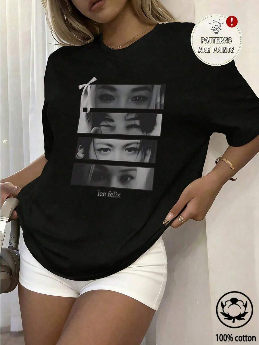 Camiseta holgada de color sólido para mujer, con cuello redondo y mangas cortas, adecuada para festivales de música y uso diario, con un diseño gráfico único, top casual para fiestas, ideal. - Negro - Ver 1
