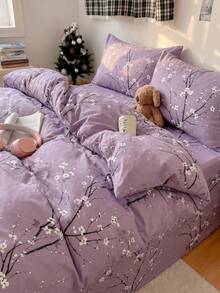 2/3pcs Purple Plum Blossom Pattern Bedding Set, Soft & Breathable, Wrinkle-Resistant, Improves Sleep Quality, Luxury Hotel Style, Gift For Parents & Friends, Double-Sided Dual-Color Quilted Duvet Cover*1, Pillowcase*1/2, Size Options: Extra Large, Large, Standard Double, Single - Purple - View 4