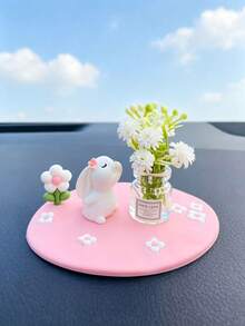 Cute Rabbit Car Dashboard Ornament, Realistic Mini Flower Vase Car Decor, Healing Style Car Interior Decoration For Women, Rabbit Flower Car Dashboard Ornament Set With Anti-Slip Pad, Girly Car Interior Dashboard Decor - Rabbit Anti-slip Mat - View 3