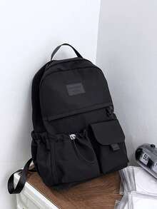 Pure Black Casual Backpack, Waterproof Nylon Fabric, Side Drawstring Pocket, Minimalist Style, Suitable For Teenagers Travel And Daily Use - Black - View 5