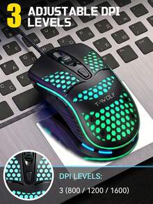 EIGIIS Honeycomb Wired Gaming Mouse With RGB Switch, 1600 Adjustable DPI, Ergonomic Lightweight Design, High Precision Sensor, Suitable For PC Gamers - View 3