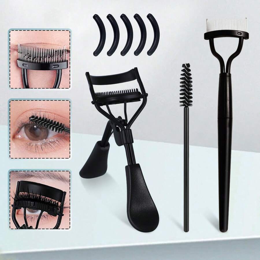 MONKIDS 8/12/14PCS Eyelash Tool Set, Includes Eyelash Curler With Comb, Eyelash Brush, Eyelash Tweezers, Steel Comb, Silicone Pad, Suitable For All Eye Shapes, Curl And Lift Eyelashes, Suitable For Women's Eye Eyelash Set, Stainless Steel Eyelash Curler - Black - View 1