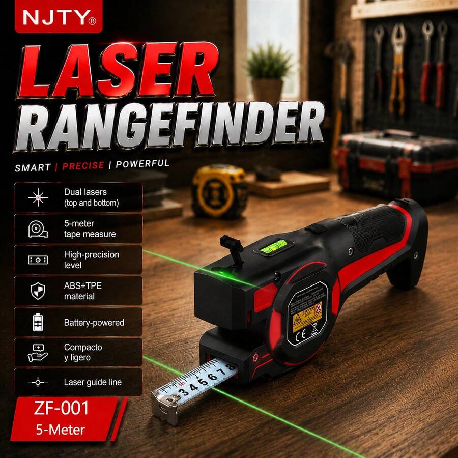 NJTY 3-In-1 Laser Tape Measure, Dual Up/Down Green Laser Lines, 5m Auto-Lock Tape & Built-In Precision Bubble Level, Layout Tool For Wall Mounting, Carpentry, Ceiling Renovation, DIY Woodworking And Home Construction Projects - A - View 1