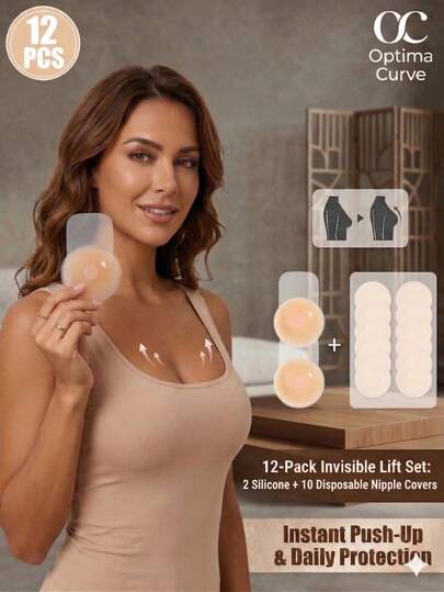 Ensemble de 12 pièces de ruban de levage invisible pour la poitrine, ruban de levage instantané pour les robes à col V profond et dos nu, coussinets de poitrine légers et respirants, doublures adhésives de modelage sans couture, accessoire corporel multifonctionnel pour femmes