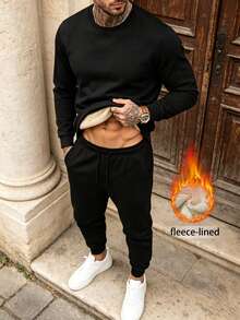 Men's Autumn/Winter Fashion Casual Black Crew Neck Pullover Fleece Sweatshirt And Pants Set, Suitable For Home And Daily Commute, Gift - Black - View 4