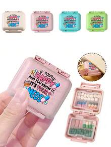 迷你6格便攜藥盒，收納盒，旅行藥盒，印有「My Pill Box」和藥丸圖案，6格小藥盒，密封包裝收納盒，6天週藥收納盒，旅行必備藥盒，日常維生素藥盒，口袋藥盒收納盒，精緻收納盒，居家必備，旅行必備 - 彩色 - 查看 1