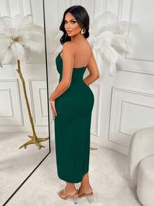 AIJ Amarilo Fashion Commuter Asymmetric Bandeau Dress, Metal Buckle Decor, Slim Fit Midi Length - Green - View 2