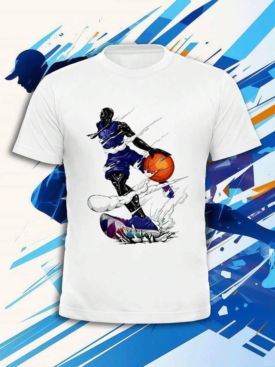 Men's basketball graphic print T-shirt, quality fabric, high-impact print, hip-hop street style, breathable. - Branco - Ver 1
