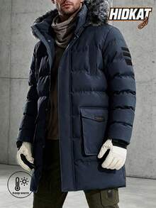 Hidkat Men's Hooded Detachable Fur Collar Zip-Up Mid-Length Thickened Jacket With Pockets, Vacation Casual Set, Classic Travel Winter Essential Outdoor Coat - Blue - View 2