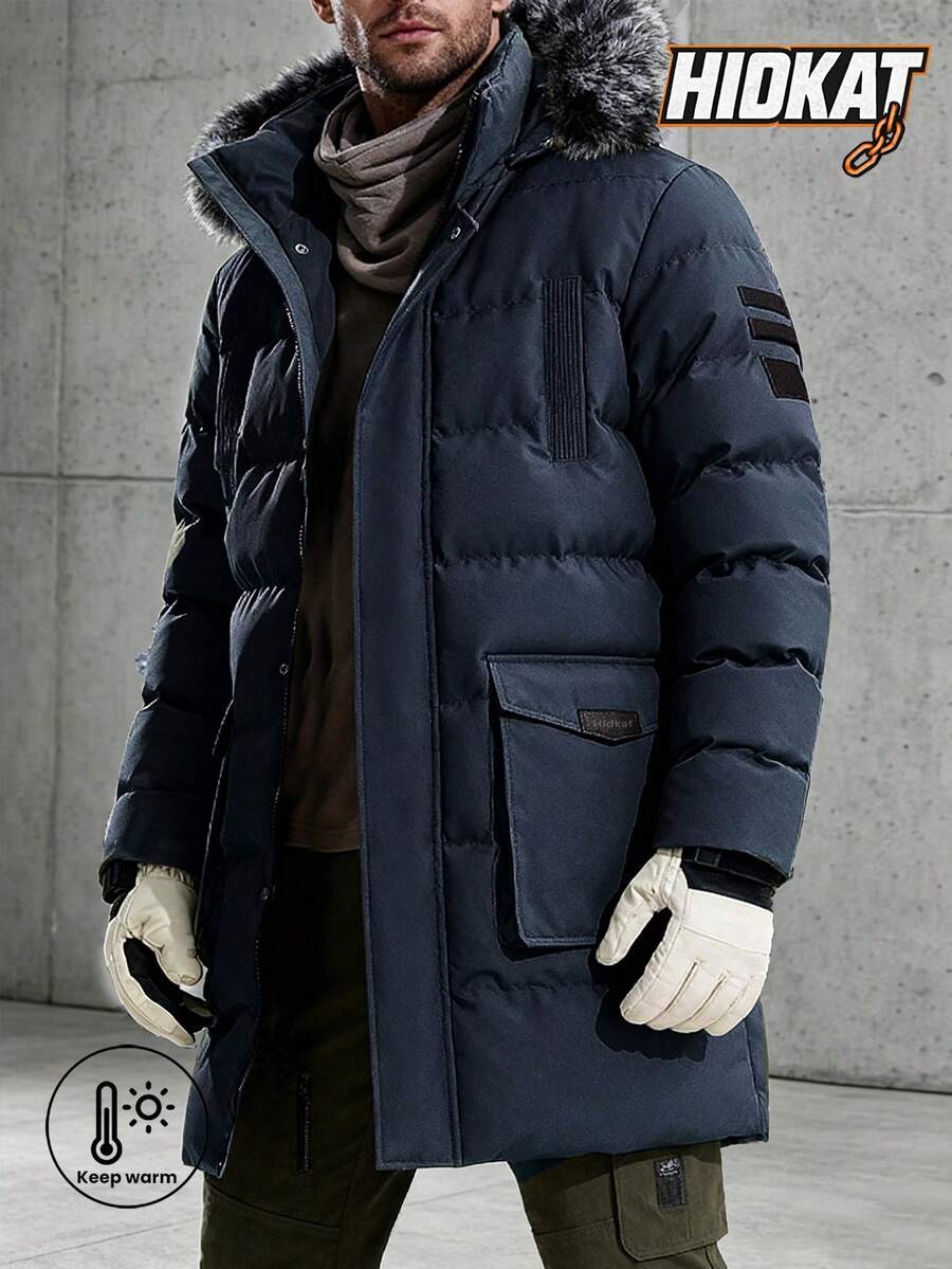 Hidkat Men's Hooded Detachable Fur Collar Zip-Up Mid-Length Thickened Jacket With Pockets, Vacation Casual Set, Classic Travel Winter Essential Outdoor Coat