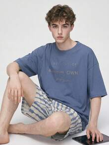 Setelan Pakaian Santai Pria Gaya Korea INS Kasual Dasar dengan Motif Huruf, Kancing, Kerah Bulat, Lengan Pendek - Celana Pendek Bergaris, 2 Potong, Cocok untuk Pakaian Luar Ruangan, Musim Semi/Panas - Dusty Blue - View 5