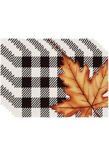 2/4/6pcs Thanksgiving Autumn Placemats Plaid Autumn Maple Leaf Heat Resistant & Easy To Clean Table Mats Suitable For Kitchen, Dining Table, Coffee Bar - Black and White - View 12
