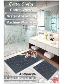 Cotton Woven Absorbent Bath Mat Set, Glass Pattern Bathroom Rug Set 60x100 Cm - 60x50 Cm - Dark Grey - View 5