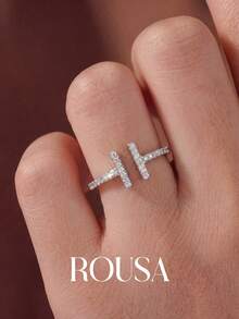 1pc 925 Sterling Silver Parallel Long & Short Diamond Inlaid Open Ring, Birthday Gift, Romantic Ladies Ring - Parallel - View 2